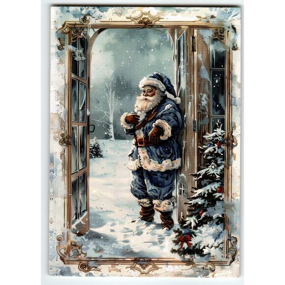 Vintage Blue Coat Santa Claus Christmas Lithograph Postcard 5.5x4" - Picture 1 of 2